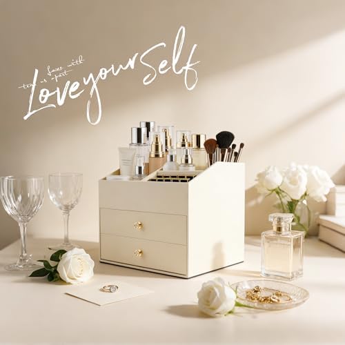 Homeanda Makeup Organizer with Drawers, PU Leather Cosmetic Storage Box Large Cosmetic Display Case for Skincare, Lipsti
