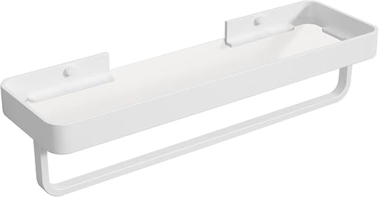 Danpoo 16 Inch Long Floating Bathroom Shelf with Towel Bar, Clear Tempered Glass Wall Shelf with Hand Towel Holder for Bathroom Storage Organizer, Matte White