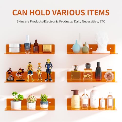 Sezanrpt 15 Inches Orange Acrylic Wall Shelves 2 Pack, L Shape Floating Shelf, Perspex Wall Mounted Shelves for Home Décor, Model Car, Candle, Calendar, Towel, Tissue