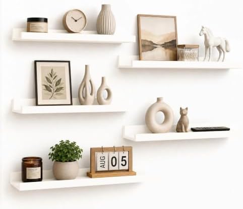 24inch Long Floating Shelves for Wall Decor, 5-Set Shelves with Lip, White