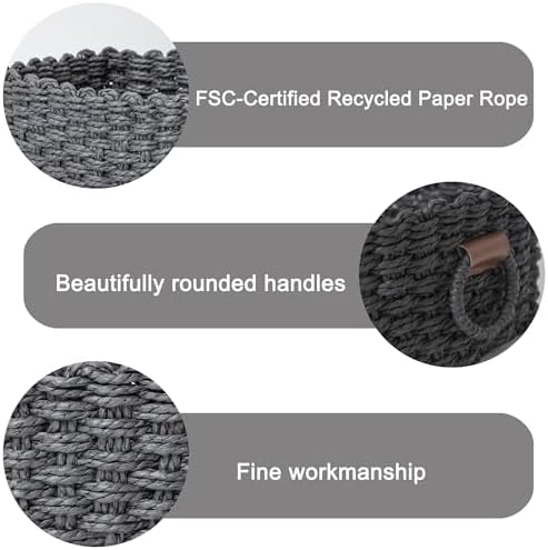 QINGTUHONE Woven Paper Rope Wicker Basket for Organizing(Set of 3,Black)