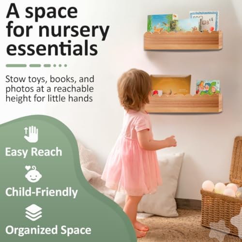 Scalloped Shelves - Set of 2 Pre-Assembled 15.6inch Floating Nursery Book Shelves, Scalloped Book Shelf - Kids Wall Bookshelf, Nursery Decor, Floating Shelves for Wall