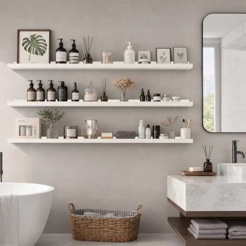 72inch Long Floating Shelves for Wall Decor, 3-Set Shelves with Lip, White