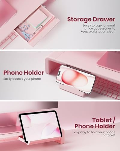Pink Monitor Stand Riser, Klearlook Foldable, Height Adjustable Computer Stand, Desk Shelf Riser with Storage Drawer &Ta