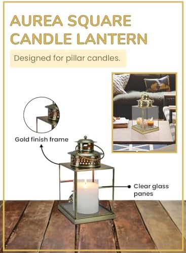 Serene Spaces Living 12" Aurea Candle Lantern, Gold Square Metal Candle Holder - Table, Mantel Decor, Elegant Decorative