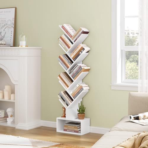 Hoctieon 9 Tier Tree Bookshelf, Tall Bookcase with Drawer, Wood Book Shelf, Modern Floor Standing Bookshelves, Book Orga