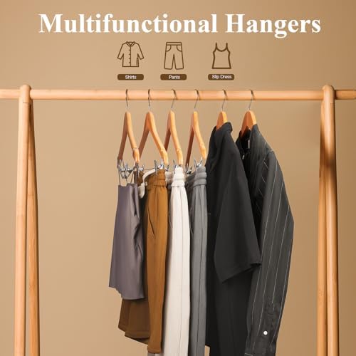 Wooden Hangers with Clips 12 Pack Wooden Pants Hangers,Skirt Hangers with Adjustable Clips,Hangers for Pants,Jeans,Slacks,Shorts（Natural）