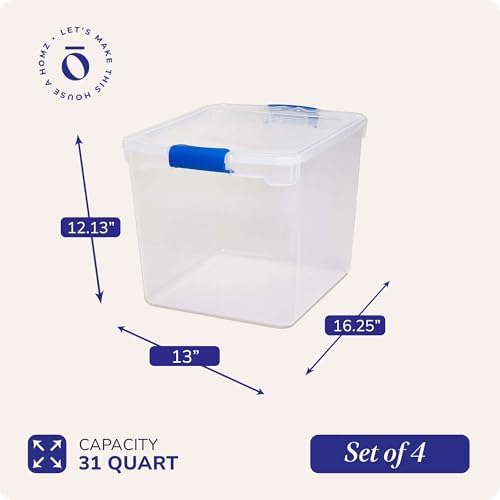 HOMZ Clear Plastic Storage Bins with Latching Lids, 31 Qt, Blue, 4 Pack