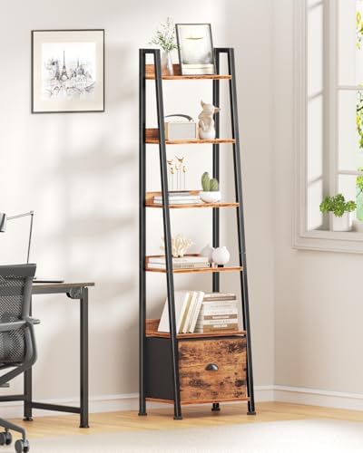 Furologee Bookshelf Set of 2, 6 Tier Ladder Shelf with Drawer