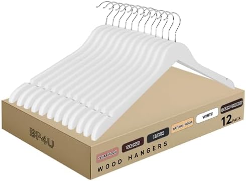 Wooden Top Hangers with 360° Swivel Hook, White, 12-Pack