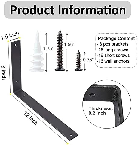 Shelf Brackets 12 Inch L Brackets for Shelves Heavy Duty Black Wall Brackets for Shelves 5mm Thick Metal Bracket Support