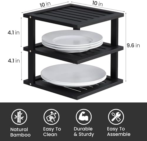 2 Pack Bamboo Corner Shelf,3 Tier Kitchen Cabinet Organizer for Plates and Dishes,Pantry Storage and Spice Rack（Black）