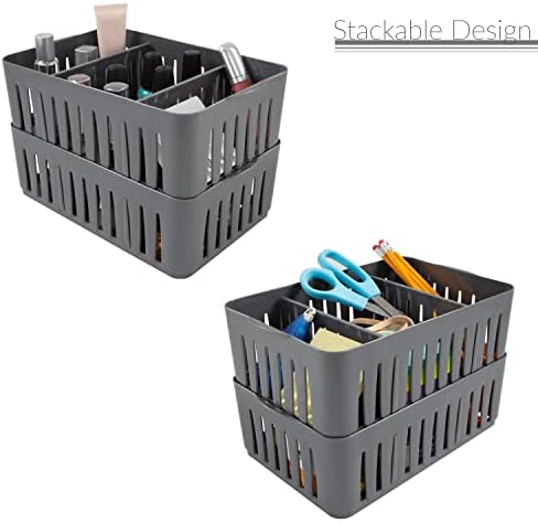 Simplify 4 Pack 3 Compartment Stackable Bin with Adjustable Dividers | Drawer Organizer | Storage Basket | Good for Office | Desk Supplies | Dorm | Bathroom | Accessories | Make Up | Grey
