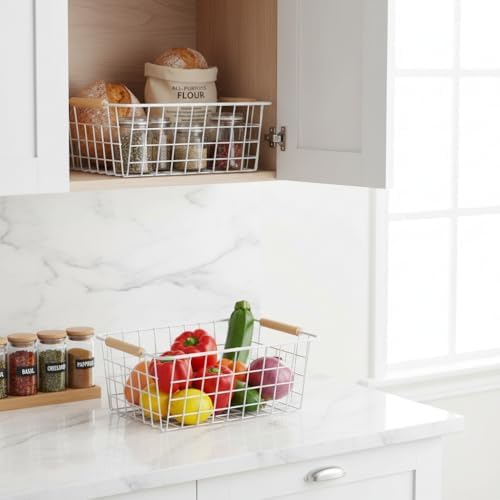 Metal White Wire Basket,Food Storage Organizer with Wooden Handles, pantry organizers and storage for Organizing Kitchen