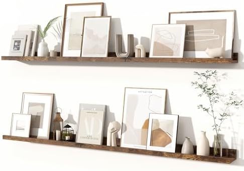 Fun Memories Picture Ledge Shelves Set of 2, 55 Inch Rustic Wall Mounted Floating Shelves with Lip for Home Storage and 