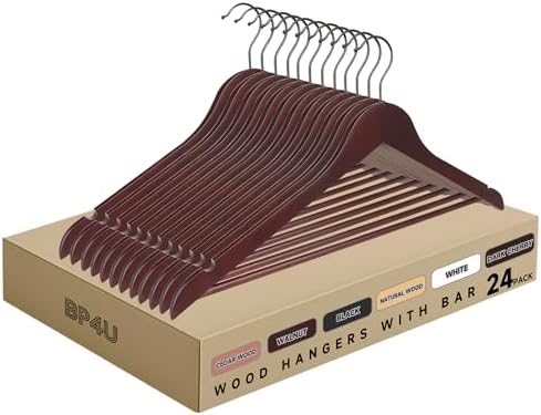 Wooden Clothes Hangers with Pants Bars, Mahogany, 24-Pack