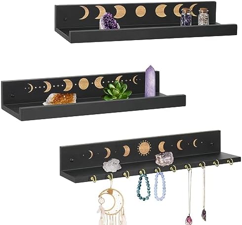 Crystal Shelf with Hooks Set of 3, Moon Shelf Display Wall Mount, Wood Floating Shelves for Celestial Decor and Room Dec