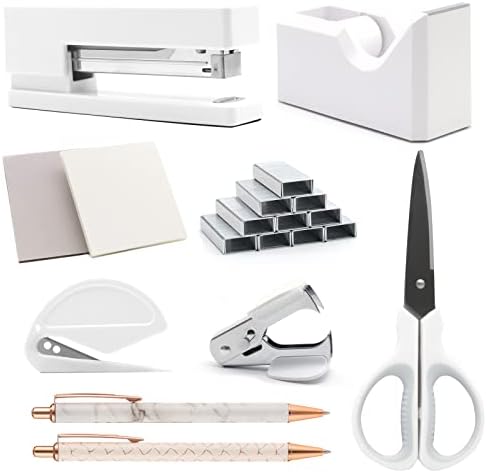 White Office Supplies Set,Desk Accessories Stapler and Tape Dispenser 10PCS