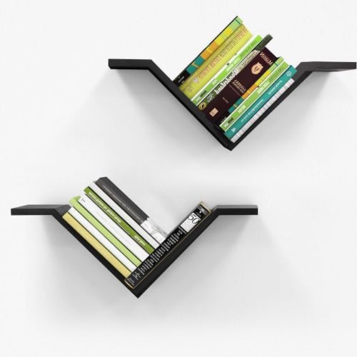 Black Book Shelves for Wall, Modern Hanging Bookshelf Set of 2