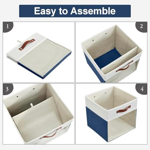 Bagnizer Storage Cubes, 4 Pack Linen Foldable Storage Bins with Clear Window and 2 Handles, 13x15x13 Storage Cube Bins for Shelf Closet, Kallax, Clothes, Books - (Navy Blue / Off-White)