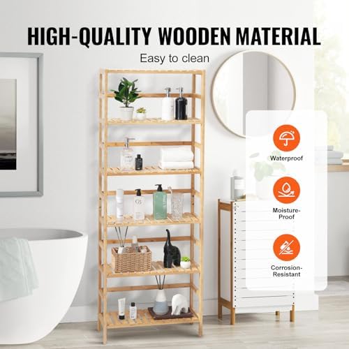 VEVOR 6-Tier Bamboo Shelf, Open Wood Bookshelf, Display Storage Rack Organizer, Freestanding Flower Plant Stand, Multifu