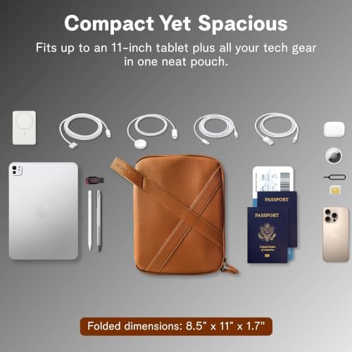 rofozzi Vegan Leather Travel Tech Pouch, Electronics & Cable Case Organizer with Padded 11-Inch Tablet Sleeve and Passpo