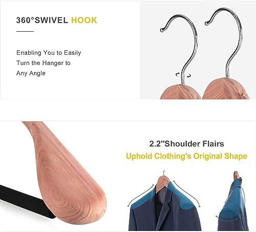 TOPIA HANGER American Red Cedar Wide Shoulder Wooden Hangers 8 Pack, Luxury Wood Suit Coat Hangers with Black Padded Pant Bar-360° Swivel Chrome Hook, Natural- CT07W-8
