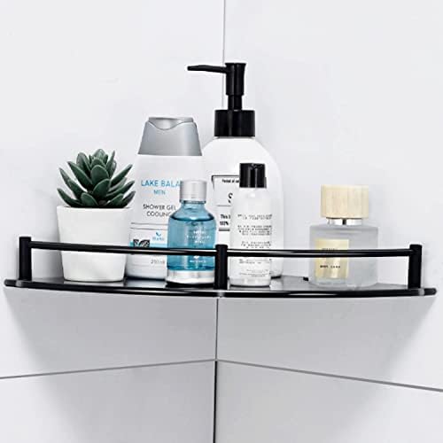 Glass Bathroom Shelf with Rustproof Rail, Black Corner Shower Shelf