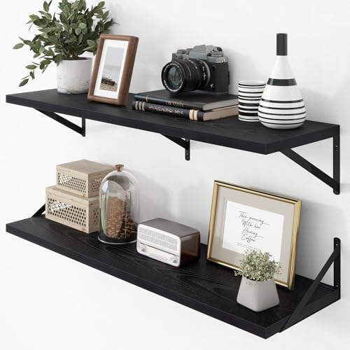 Axeman Deep Floating Shelves - 40 Inch Black Floating Shelves Set of 2-12 Inch Deep Wood Wall Shelves for Living Room Ba