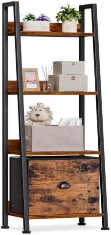Furologee 4 Tier Ladder Shelf, Small Bookshelf with Drawer, Rustic Brown