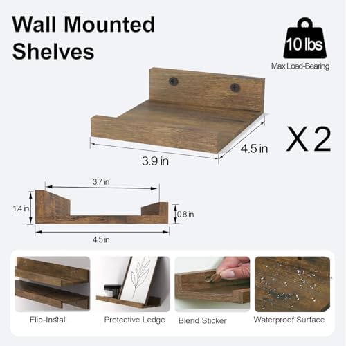 Small Brown Floating Shelves for Wall, Shelf with Lip Set of 2, 4 in