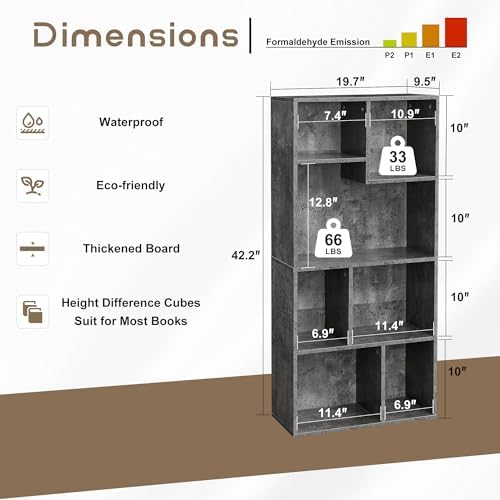 VECELO Wide Kids Staggered 7-Cube Bookshelf,Extra Large Freestanding Open Storage Organizer with Multi-Size Compartments