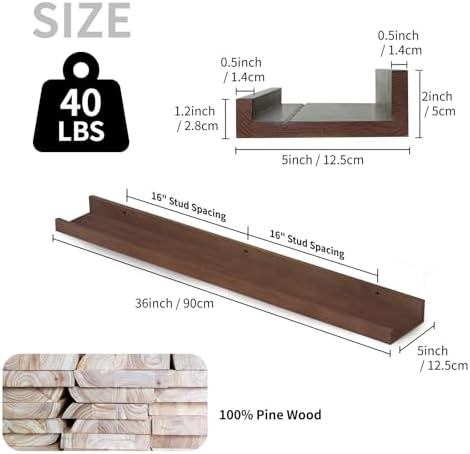 SAUMONIERES Picture Ledge Shelf Floating Book Shelves Set of 2 Wall Mounted Solid Wood for Bedroom Bathroom Living Room 