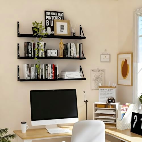 Floating Book Shelves Set of 3, Wall Bookshelf, 33 inch Long Wood Shelf for Wall Storage, Hanging Shelving for Bedroom, 