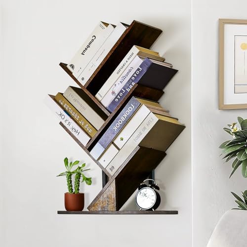 5 Tier Tree Bookshelf Floating Book Shelves for Wall Mount, Wooden Hanging Shelves Storage for Displaying Books/CDs/Maga