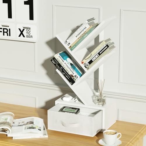 SHEEPAM 4-Tier Tree Bookshelf Small Bookcase with Drawer