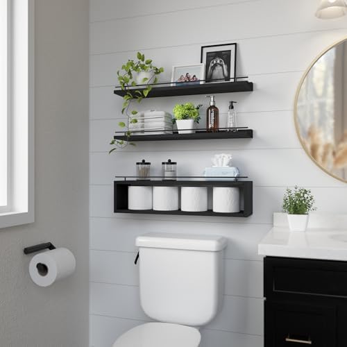 WOPITUES Floating Shelves for Wall 24 inch with Cube Shelf, Wall Shelves with Metal Rail for Decor, Bathroom Organizers 
