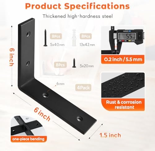 WINKER Corner Brace 4 Pcs Shelf Bracket Heavy Duty Black Steel L WINKER Corner Brace, Decorative Joint Angle Bracket for