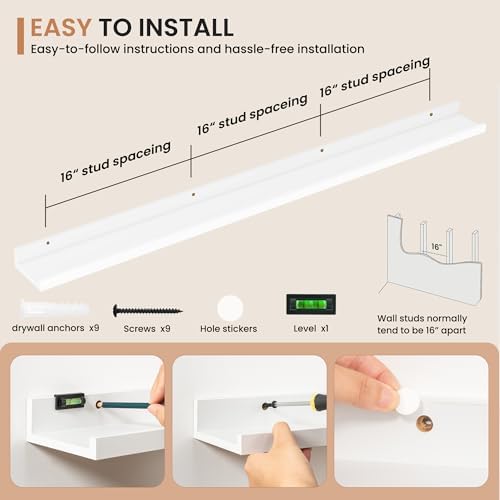 Dreamland Picture Ledge Shelf for Wall, Floating Shelves Set of 2,55 inch Long Floating Shelves with Lip for Living Room,Bedroom,Bathroom,Kitchen,White