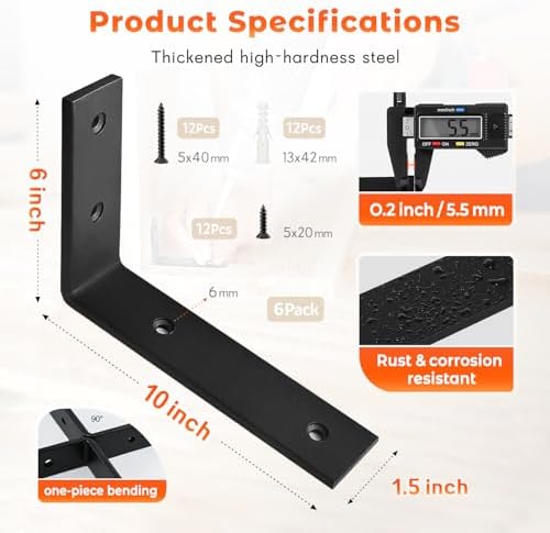 Shelf Bracket 6 Pack 10" Lx6 H 5mm Thick Heavy Duty Black L Brackets