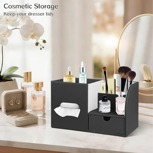 PU Leather Tissue Box Cover Square with Drawer Storage and Tray on Top