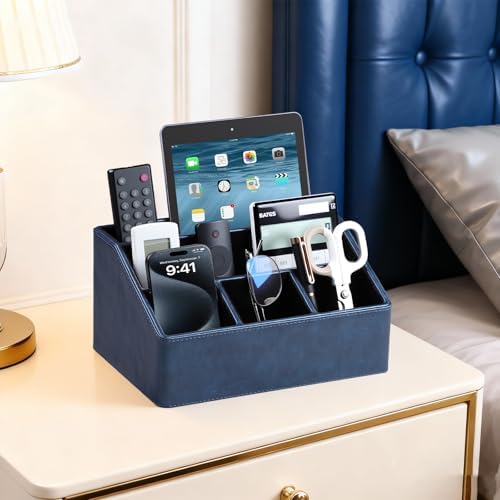 PU Leather Desk Organizer, Remote Control Holder, Dark Blue