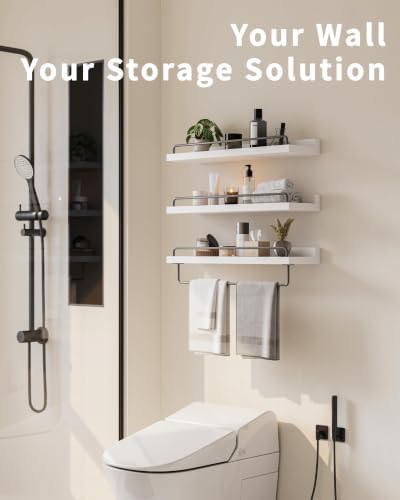 Seocry Bathroom Shelves, Wall Shelf Set of 3, Floating Shelves, Shelves for Room Wall, Bathroom Decor (White Grey, 15.7 