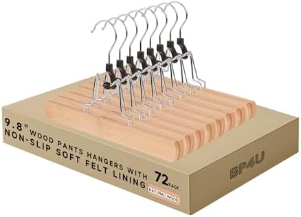 Wooden Non Slip Pants Hangers with Soft Felt Lining, 72-Pack, 9.8"