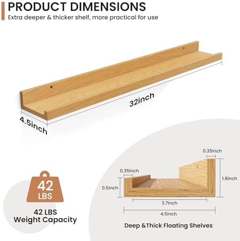 Fun Memories Picture Ledge Shelf, 32 Inch Floating Shelves Set of 2, Nursery Book Shelves for Kids, Wall Mounted Bookshe