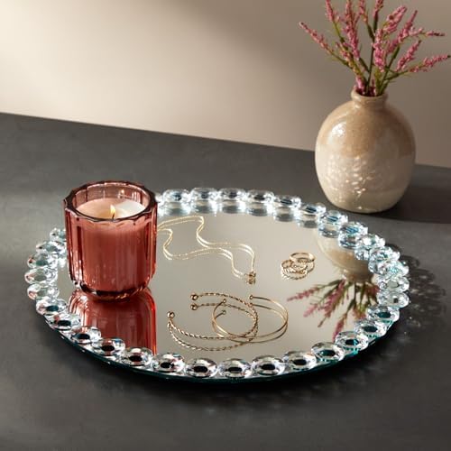 Okuna Outpost Crystal Bead Round Mirror Tray for Bathroom Decor - 12-inch, Silver, Modern - Perfume Organizer & Jewelry 