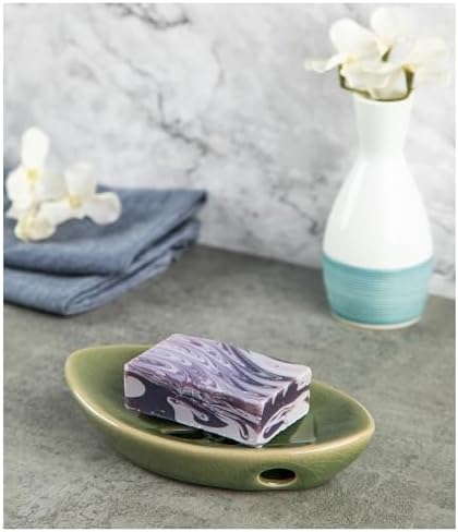 Ceramic Soap Dish with Self Draining Tray for Bar Soap, Bathroom, Kitchen (Green No.1)