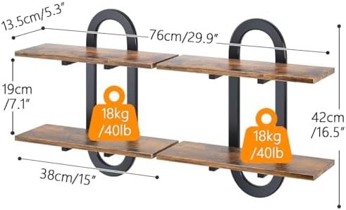 Arched Floating Shelves Set of 2, 15" Vintage Distressed Wall Mounted Shelves with Capsule Frame, Rustic Burnt Wood Hang
