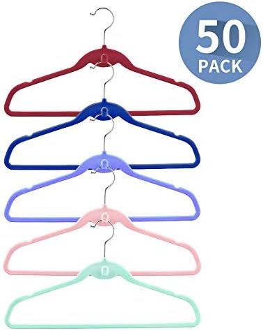 Multi-Color Premium Velvet Hangers with Mini Hooks, Pack of 50, Non Slip, Space Saving Cascading Clothes Hangers, 5 Colors, Pink, Lavender, Navy Blue, Red Burgundy and Mint Green