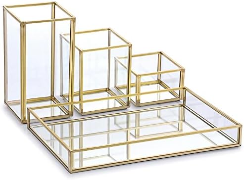 Hipiwe Set of 4 Gold Glass Makeup Brush Holder Organizer with Vanity Tray